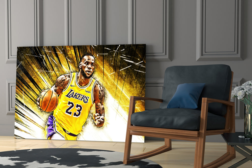 Cinematic artwork in a Lakers-leaning home interior