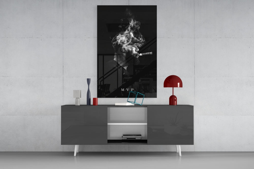 LeBron James MVP Cigar glass wall art catching light to reveal its painted smoke