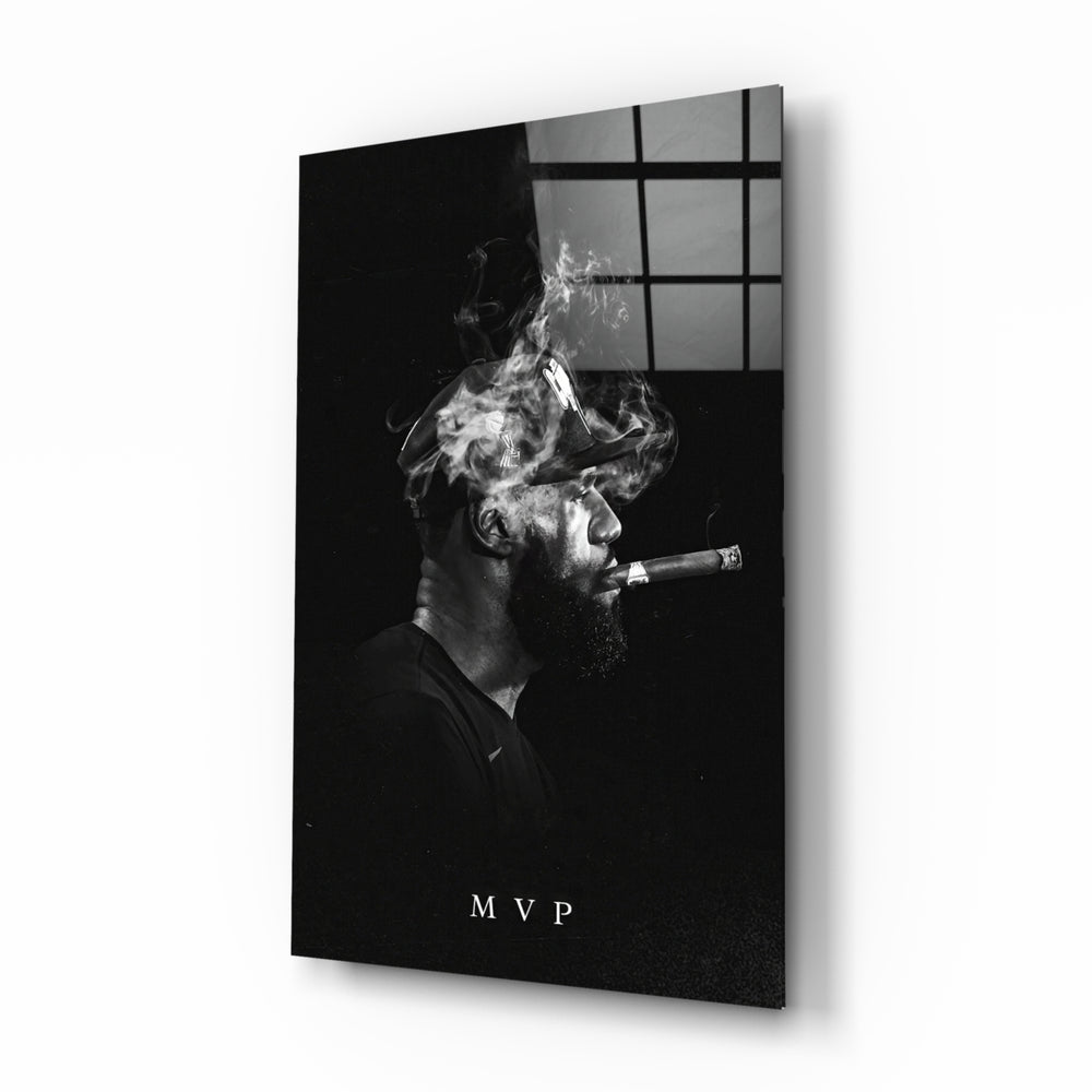 LeBron James MVP Cigar glass wall art in a modern man cave