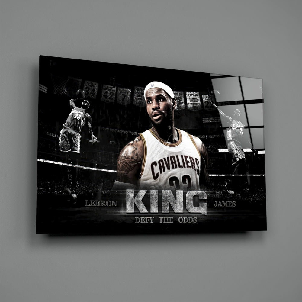Close-up detail of LeBron triptych with quote behind glass
