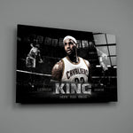 Close-up detail of LeBron triptych with quote behind glass