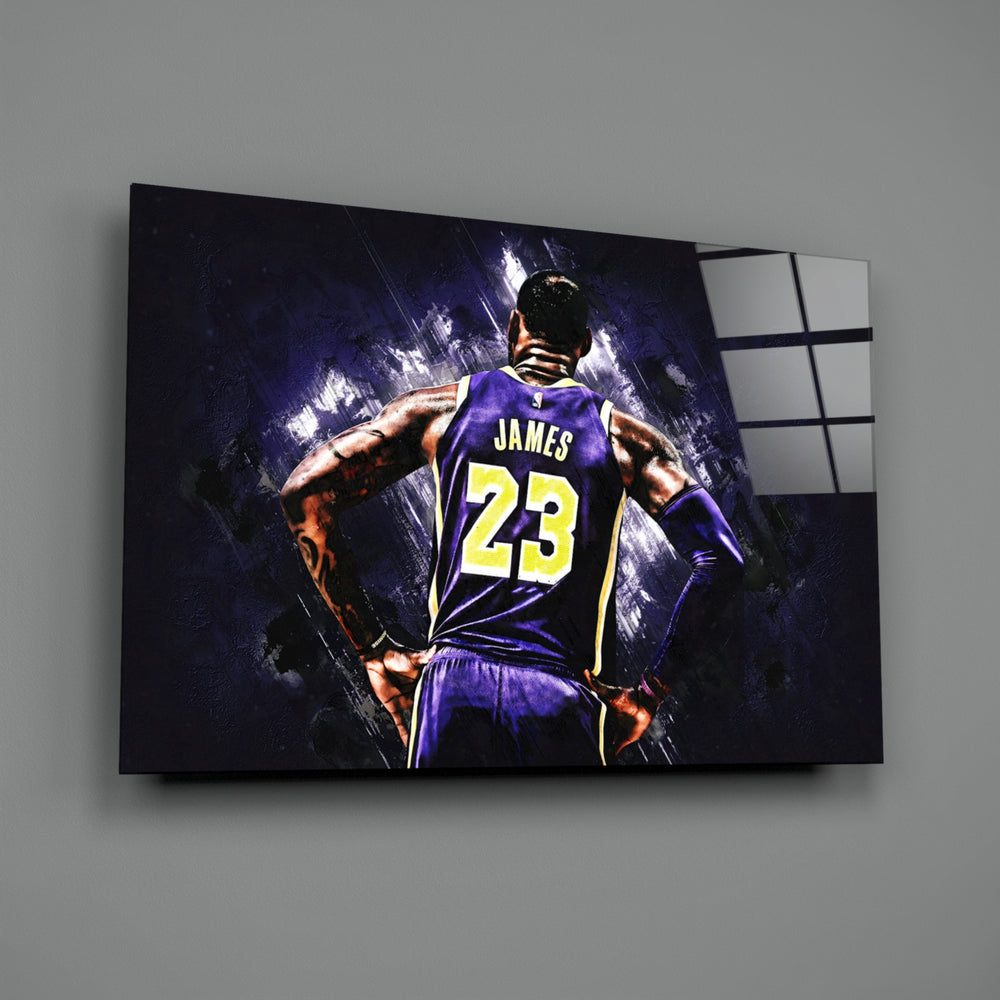 Close-up detail of LeBron from behind in violet behind glass