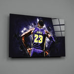 Close-up detail of LeBron from behind in violet behind glass