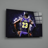 Close-up detail of LeBron from behind in violet behind glass