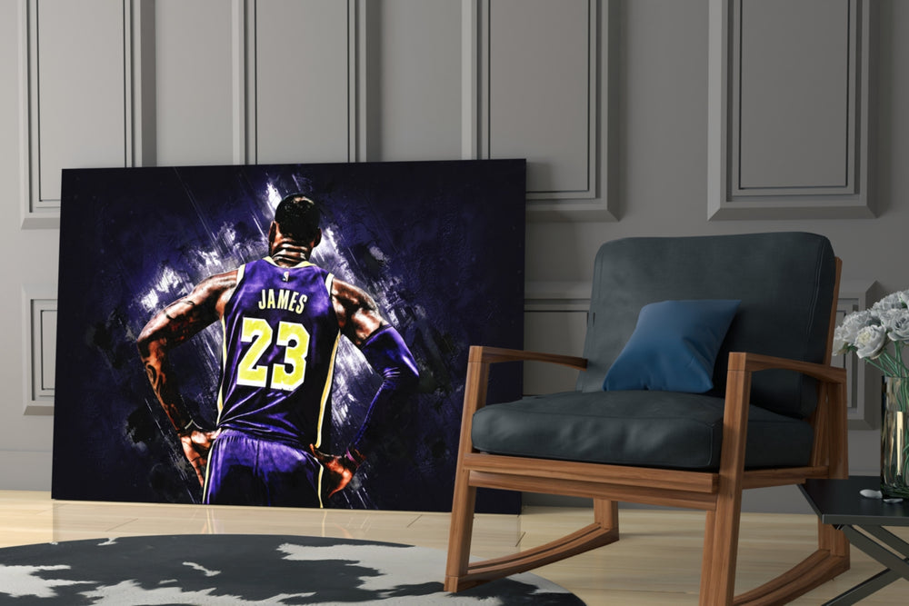 Cinematic artwork in a Lakers-leaning home interior