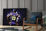 Cinematic artwork in a Lakers-leaning home interior
