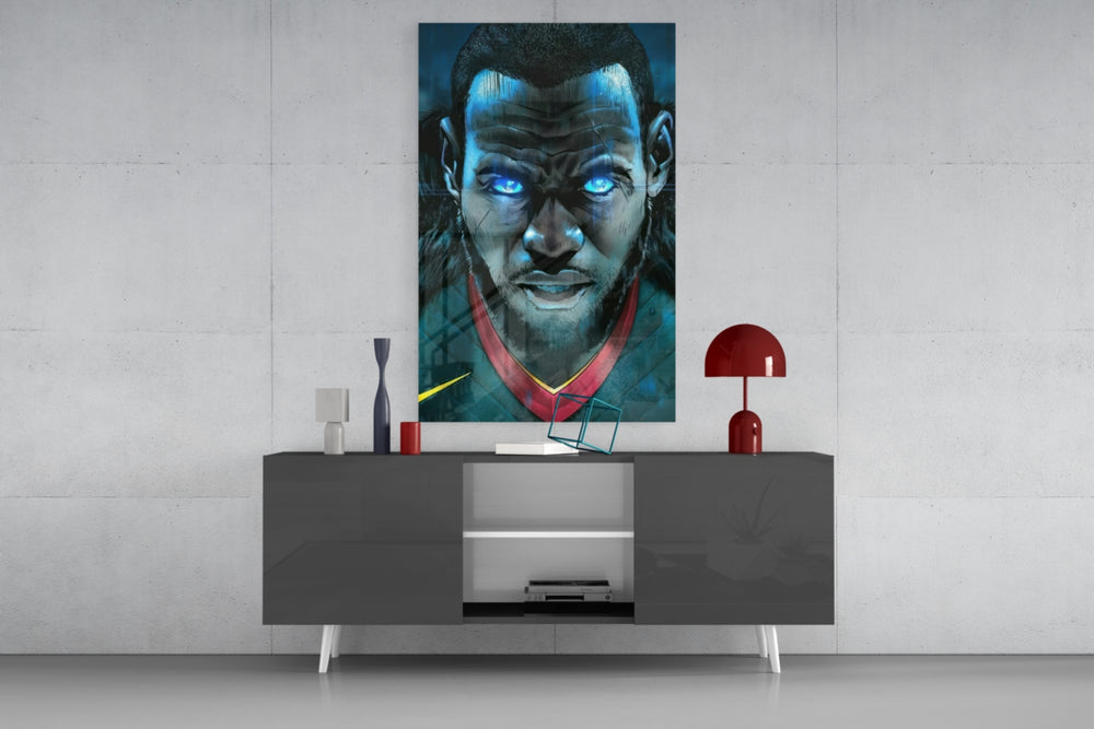 LeBron James Comic Eyes glass wall art catching light to reveal its painted hatching