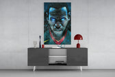 LeBron James Comic Eyes glass wall art catching light to reveal its painted hatching