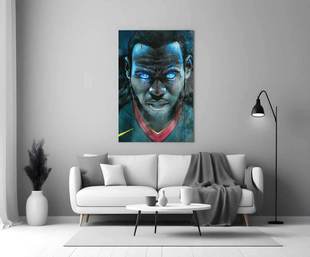 Close-up detail of comic-book LeBron with glowing eyes behind glass