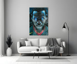 Close-up detail of comic-book LeBron with glowing eyes behind glass