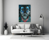 Close-up detail of comic-book LeBron with glowing eyes behind glass