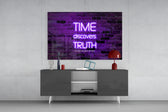 Words of Seneca glass wall art catching light to reveal its painted glow