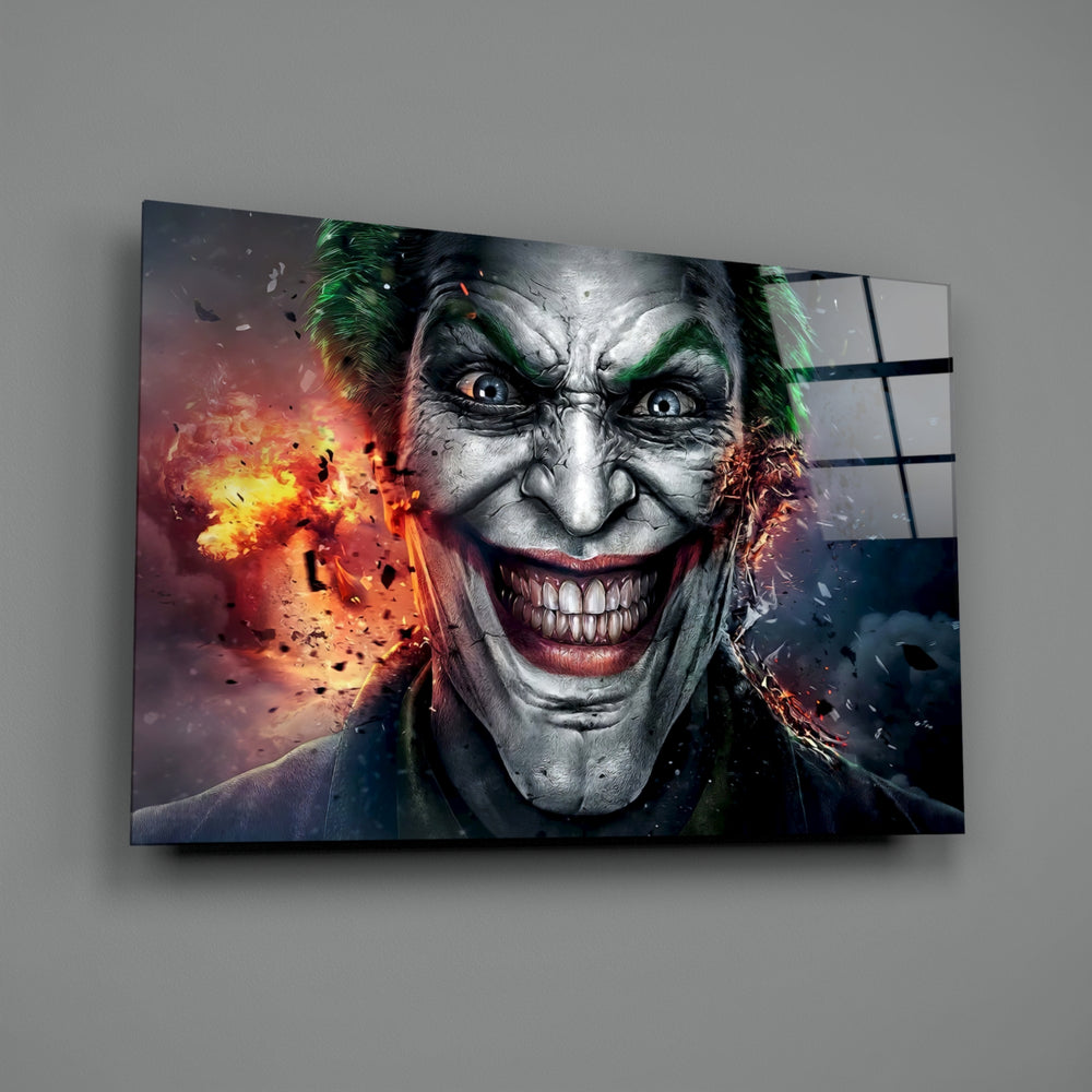 Close-up detail of comic Joker with shrapnel behind glass