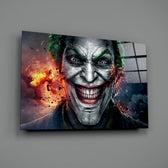 Close-up detail of comic Joker with shrapnel behind glass