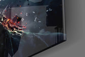 Joker Shrapnel glass wall art catching light to reveal its painted sparks