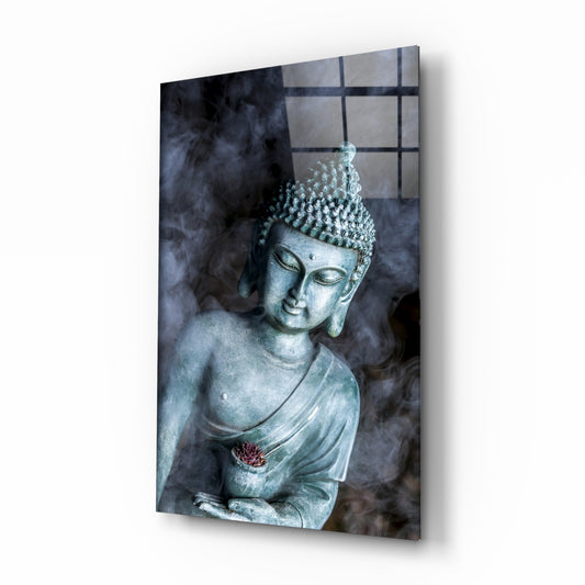 Bronze Buddha glass wall art in a quiet meditation room