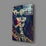 Close-up detail of voodoo priestess with cigar behind glass