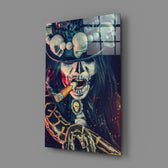 Close-up detail of voodoo priestess with cigar behind glass