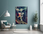 Dark-fantasy glass print bringing calavera edge to a high-end bar