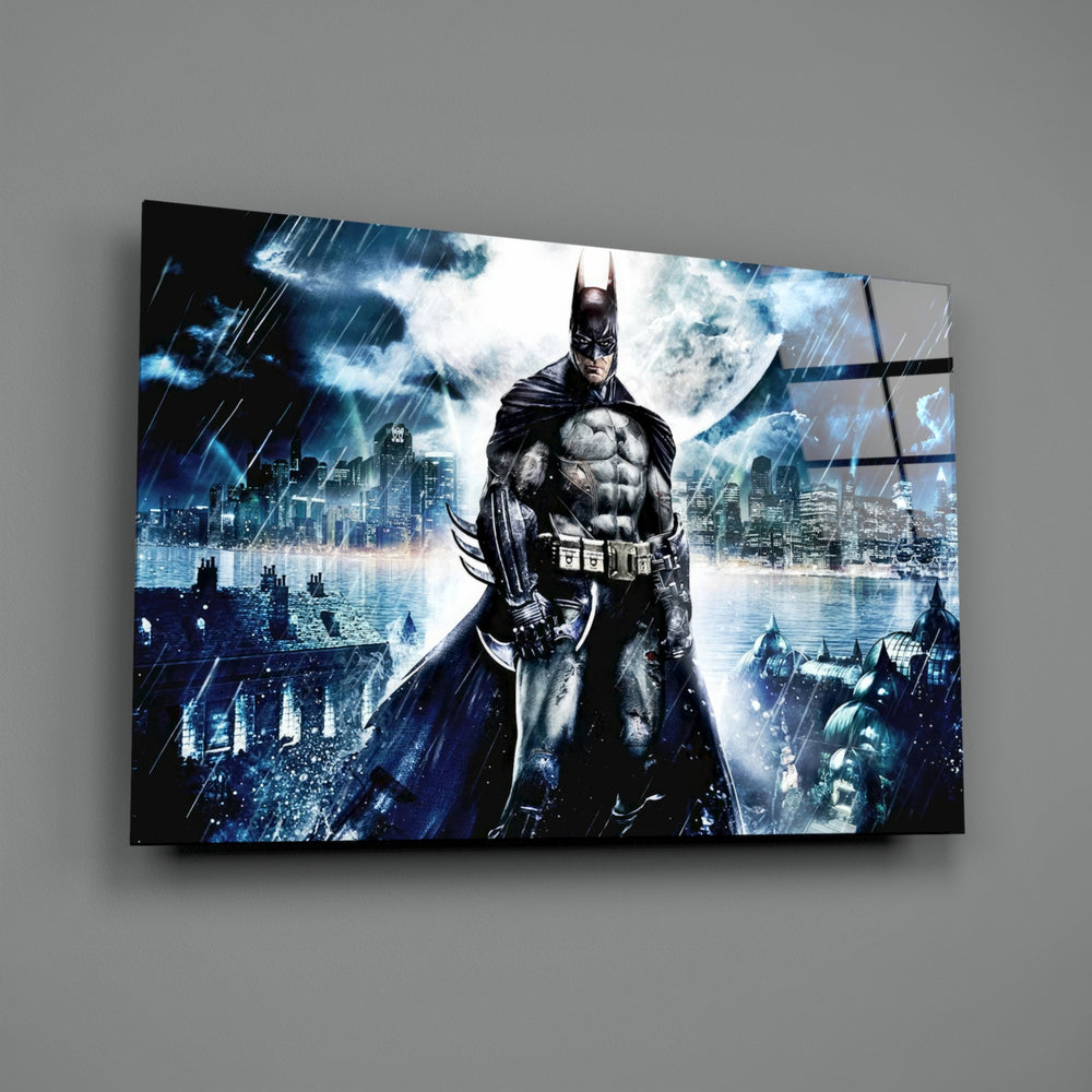 Close-up detail of Batman on Gotham rooftop behind glass