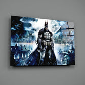 Close-up detail of Batman on Gotham rooftop behind glass
