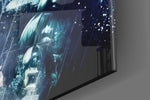 Batman Rooftop glass wall art catching light to reveal its painted moon
