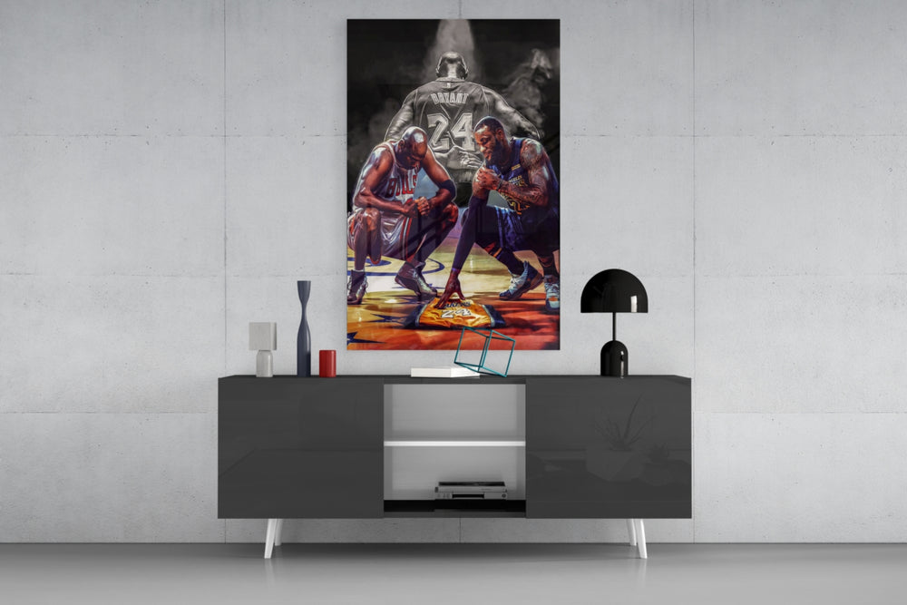 Respect for Kobe Bryant glass wall art catching light to reveal its painted spotlight