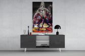 Respect for Kobe Bryant glass wall art catching light to reveal its painted spotlight