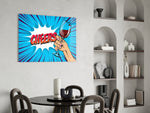 Pop-comic glass print bringing toast edge to a bistro
