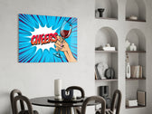 Pop-comic glass print bringing toast edge to a bistro