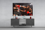 Mike Tyson glass wall art catching light to reveal its painted bokeh