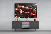 Mike Tyson glass wall art catching light to reveal its painted bokeh