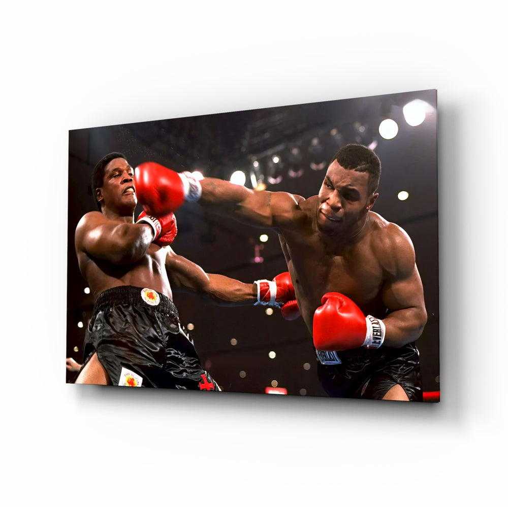 Mike Tyson glass wall art in a modern home gym
