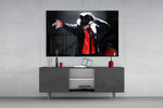 Michael Jackson glass wall art catching light to reveal its painted spotlight