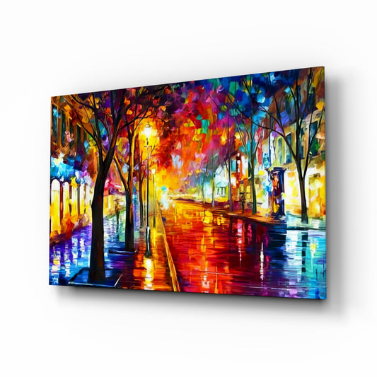 Lighted Street glass wall art in a modern living room