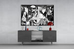 Guernica glass wall art catching light to reveal its painted plane
