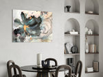 Alcohol-ink glass print bringing abstract edge to a designer office