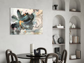 Alcohol-ink glass print bringing abstract edge to a designer office