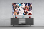Cam Newton glass wall art catching light to reveal its painted bokeh