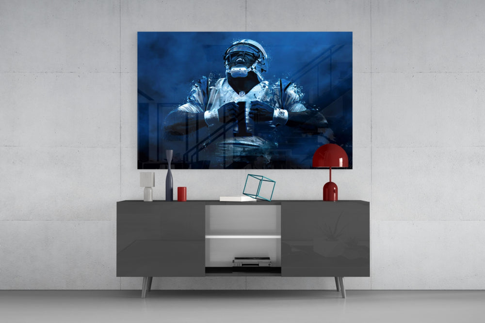 Cam Newton glass wall art catching light to reveal its painted splatter