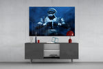 Cam Newton glass wall art catching light to reveal its painted splatter