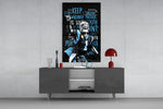 Cam Newton glass wall art catching light to reveal its painted typography