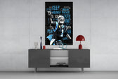 Cam Newton glass wall art catching light to reveal its painted typography