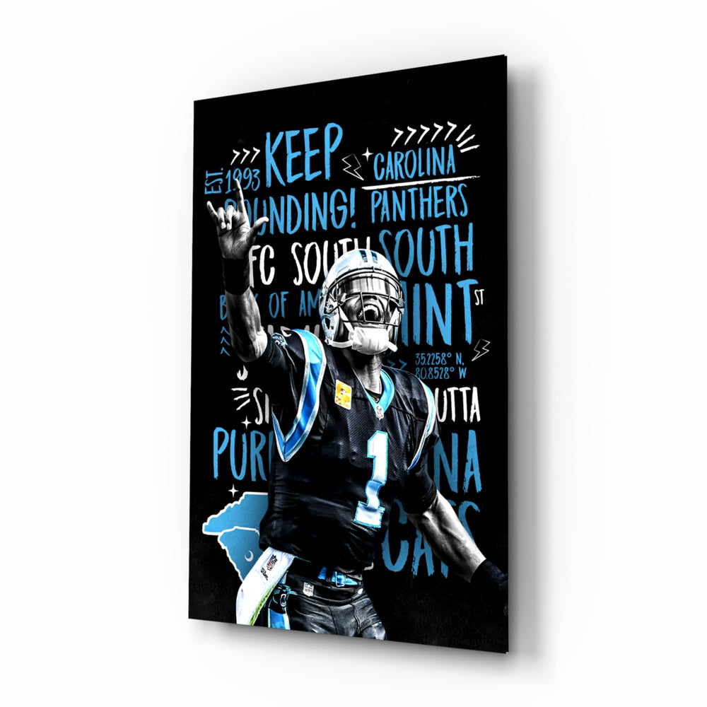 Cam Newton glass wall art in a modern home cinema