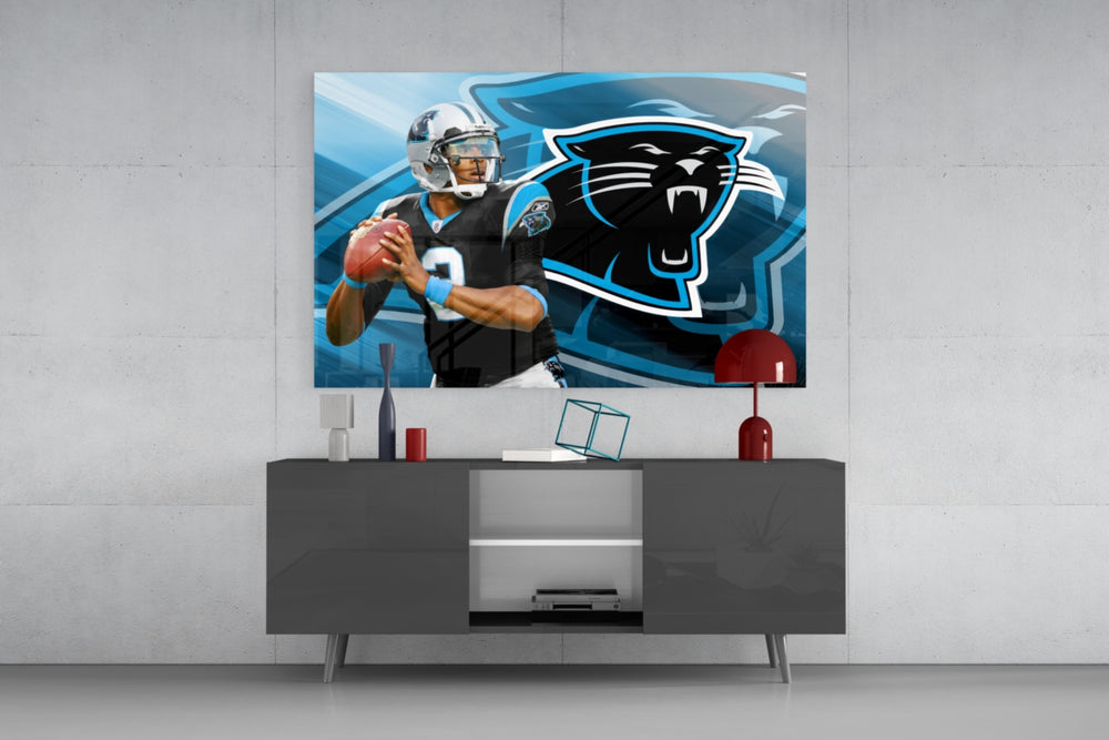 Carolina Panthers glass wall art catching light to reveal its painted rays