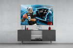 Carolina Panthers glass wall art catching light to reveal its painted rays