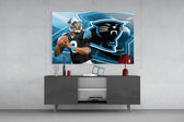 Carolina Panthers glass wall art catching light to reveal its painted rays