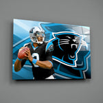 NFL poster panel anchoring a man cave wall