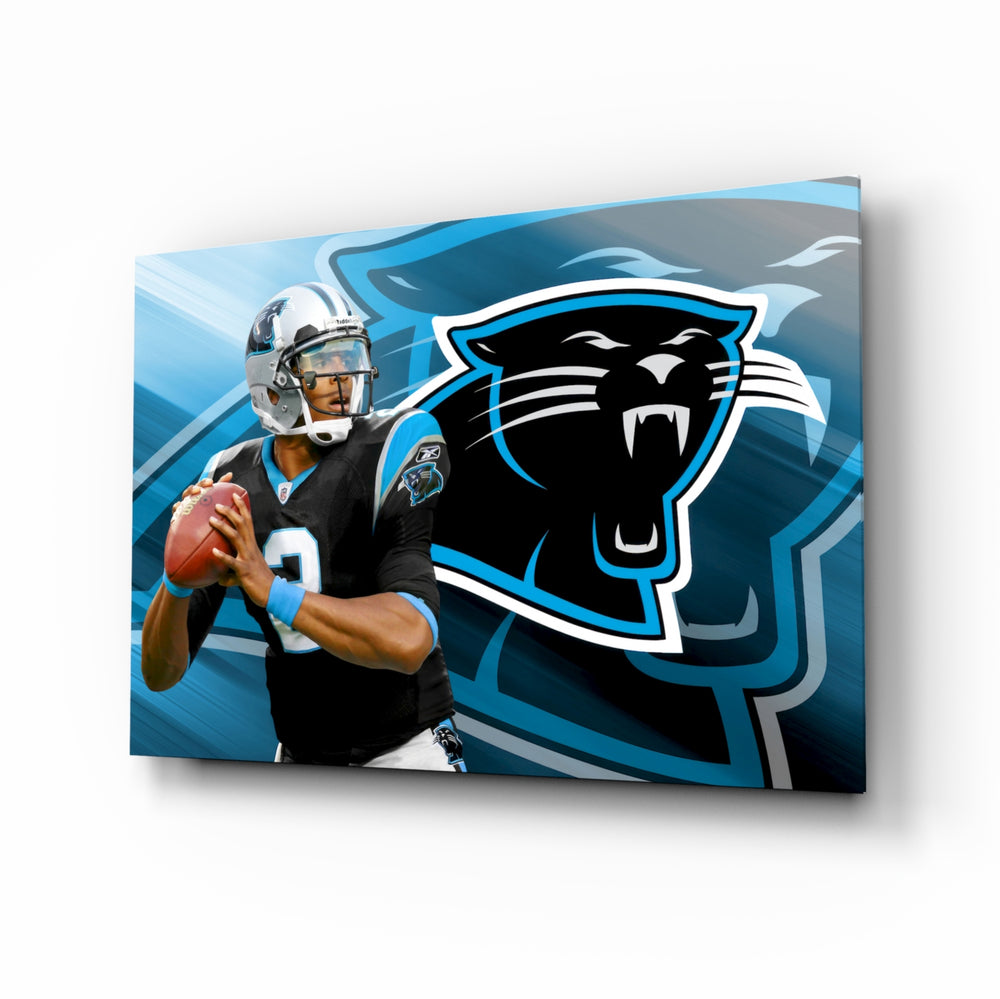 Carolina Panthers glass wall art in a modern home cinema