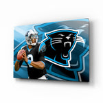 Carolina Panthers glass wall art in a modern home cinema
